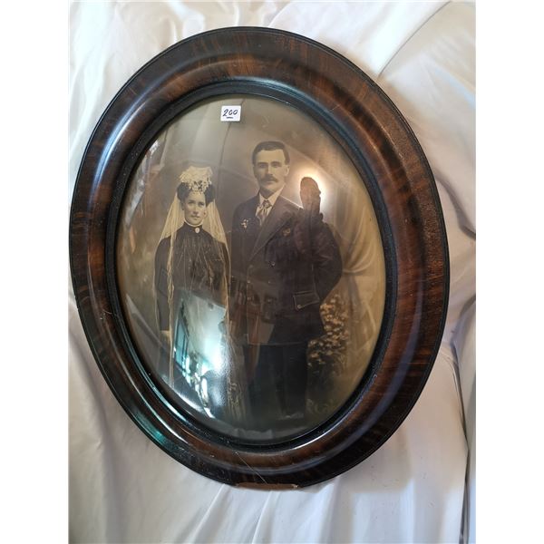 Antique Oval Bubble Glass Picture in Frame, 25x21”