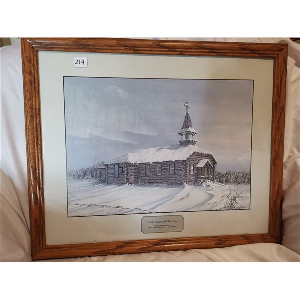 “In the Shadow of the Cross” Log Church Original Scrimshaw Print, 19x23”