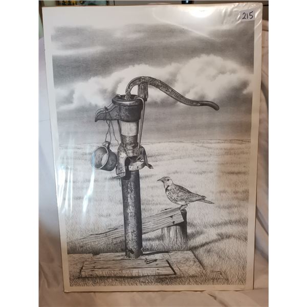 Bernie Brown Drawing – Bird & Water Pump. 15x21”