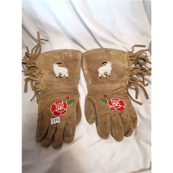 Very Old Beaded Leather Gloves.  Goats and Roses