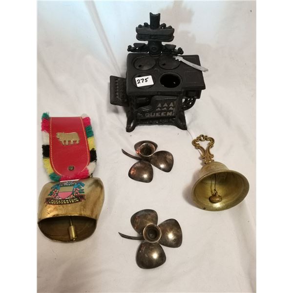 (2) Bells, Norway Silver Plated Candle Holders, Cast Iron Toy Stove (Missing One Lid)