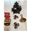 Image 1 : (2) Bells, Norway Silver Plated Candle Holders, Cast Iron Toy Stove (Missing One Lid)