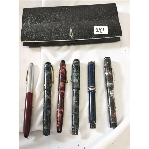 (6) Fountain Pens (Missing Nibs), Sheaffer’s Box