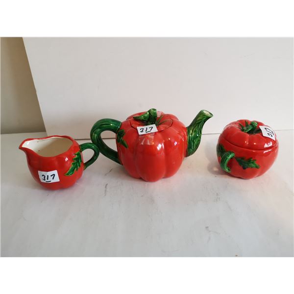 Tomato Teapot, Cream & Sugar Bowl Set