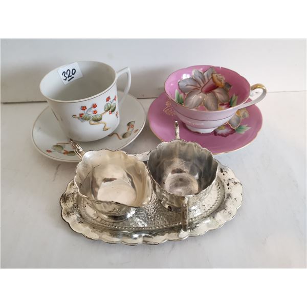 (2) Cup and Saucer Sets (Occupied Japan), Silver Plated Cream & Sugar Set w/ Tray