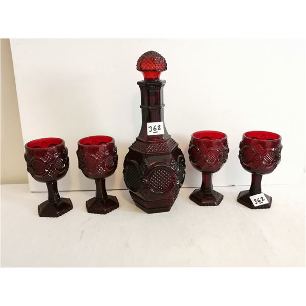 (4) Vintage Avon Ruby Red Glasses (4.5”) and Decanter (9.5”).