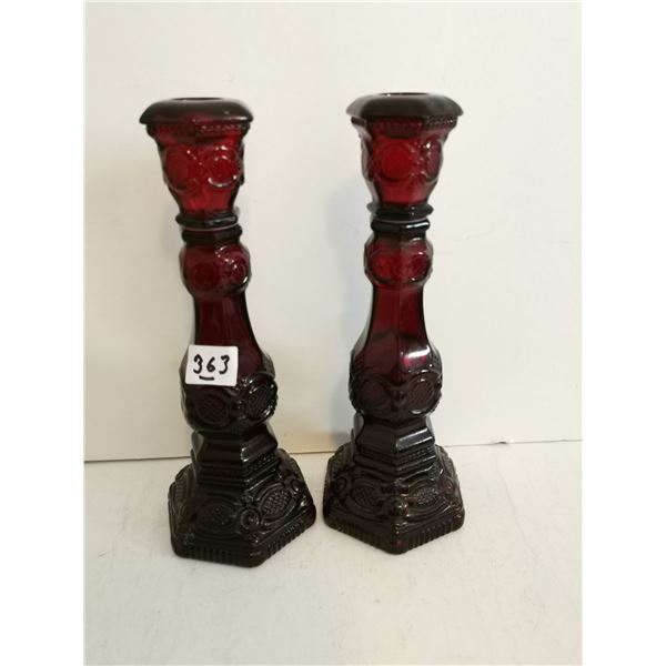 (2) Vintage Avon Ruby Red Candlestick Holders, 8.5”