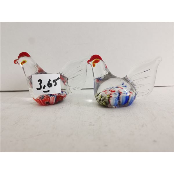 (2) Hand Blown Glass Chickens.  2” & 2.5” Tall
