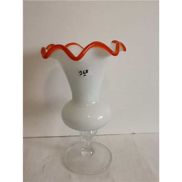 Fenton Milk Glass w/ Red Crest Footed Vase, 11”