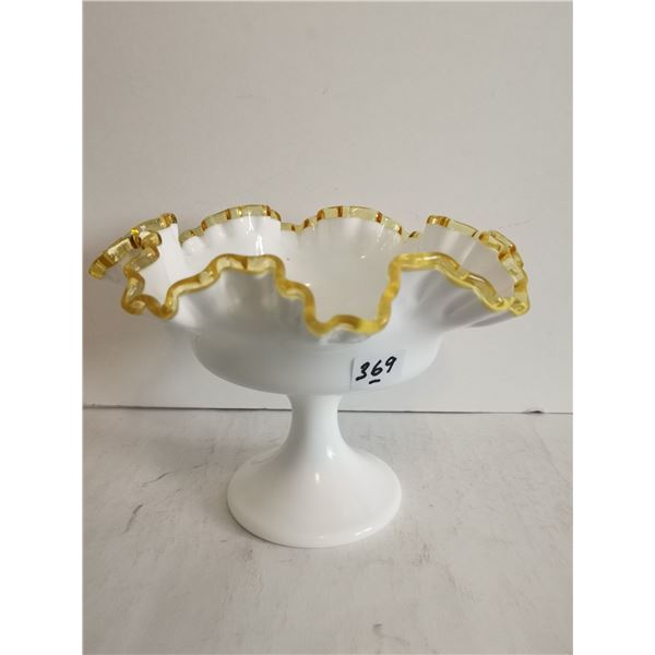 Fenton Milk Glass w/ Gold Crest Footed Candy Dish, 6” Tall