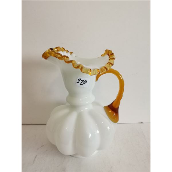 Fenton Milk Glass w/ Gold Crest Pitcher, 8.5”