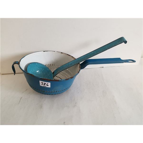 Vintage Blue Enamel Strainer & Blue Speckled Enamelware Strainer