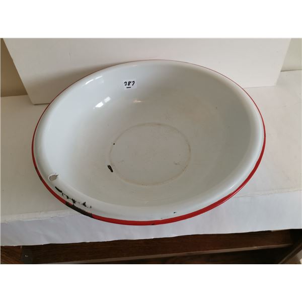Vintage Enamelware Basin w/ Red Trim, 12.5”