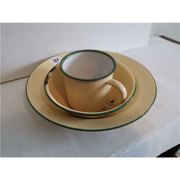 Vintage Enamel Plate, Bowl & Cup Set