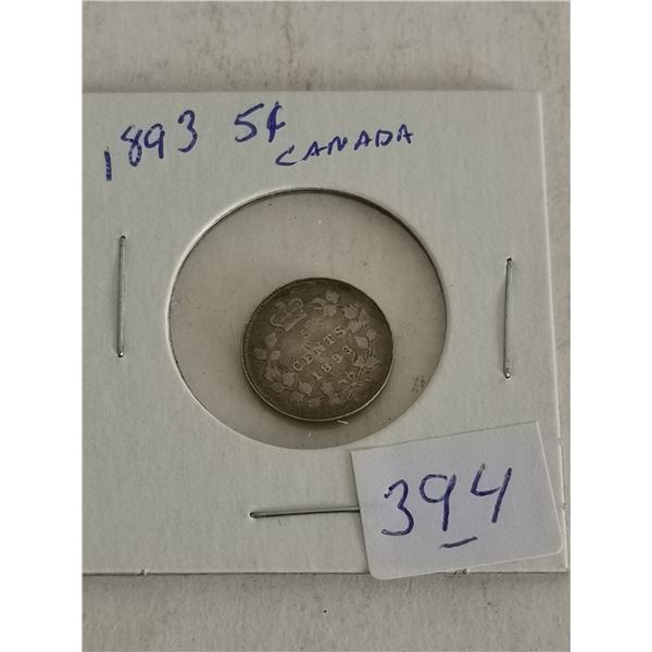 1893 Canada Silver 5 Cent Coin