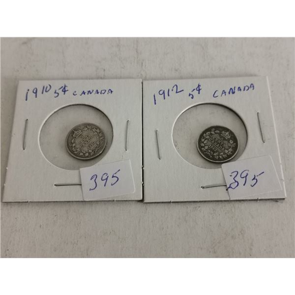 1910 & 1912 Canada Silver 5 Cent Coins