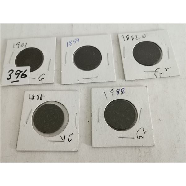 (5) Large Canada Pennies 1859, 1885, 1886, 1888, &1901