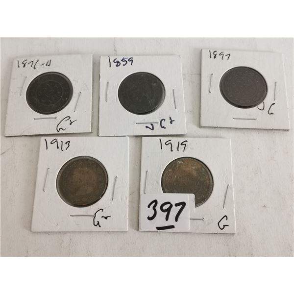 (5) Large Canada Pennies 1859, 1876, 1897, 1913, & 1919
