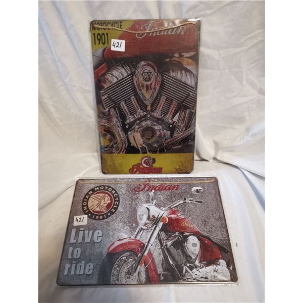 (2) Indian Motorcycle Tin Signs 12"x8"