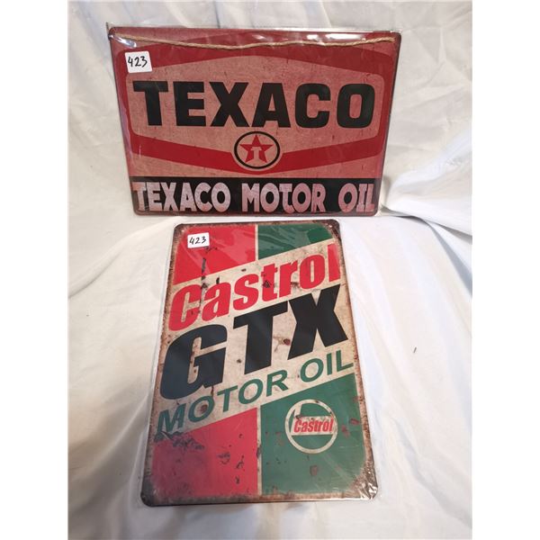 Texaco and Castrol Oil tin Signs 12"x8"