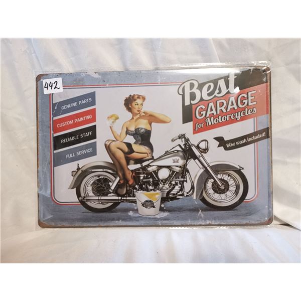 Motorcycle Garage Pin-Up Tin Sign 12"x8"
