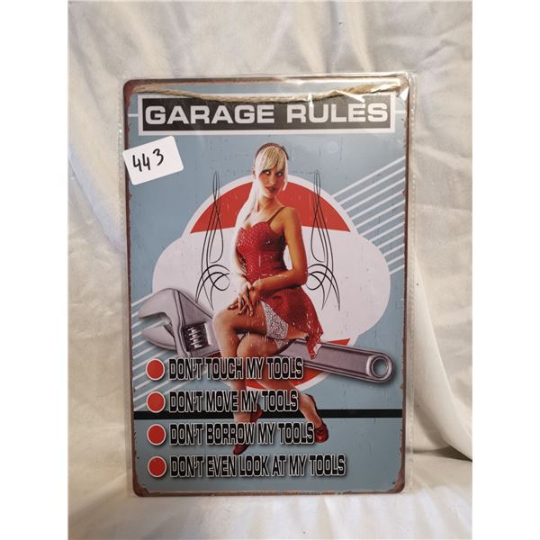 Garage Rules Pin-Up Tin Sign 12"x8"