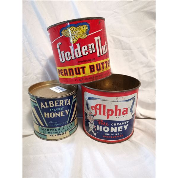 (2) Honey Plus Golden Nut Peanut Butter Tin Cans