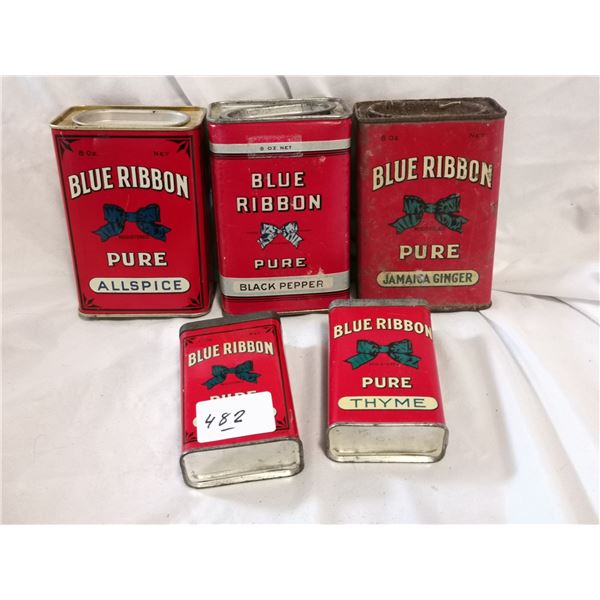 (5) Red Blue Ribbon Spice Containers