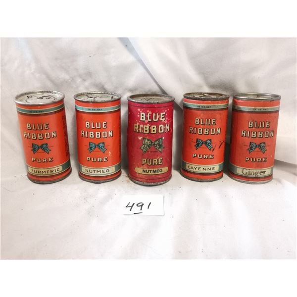 (5) Round Red Blue Ribbon Spice Containers