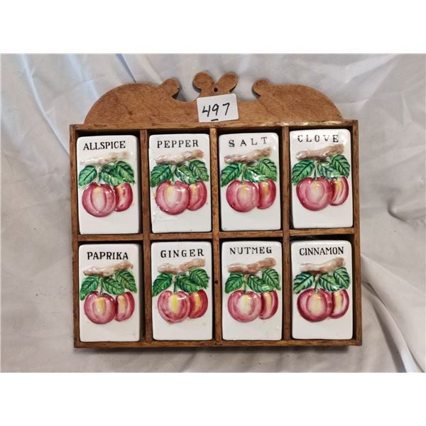 (8) Spice Containers Ceramic In Wooden Stand