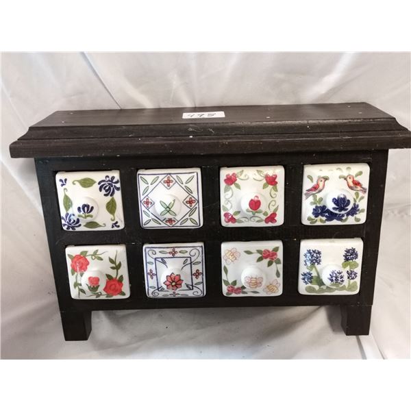 Vintage Ceramic Spice Containers in Wooden Stand