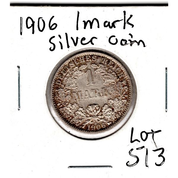1906 GERMAN ONE MARK SILVER COIN