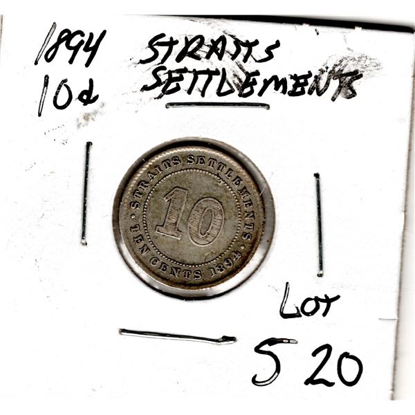 1894 TEN CENT STRAITS SETTLEMENTS VERY SCARCE SILVER