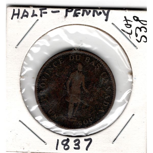 1837 PROVINCE DU BAS CANADA UN SOU