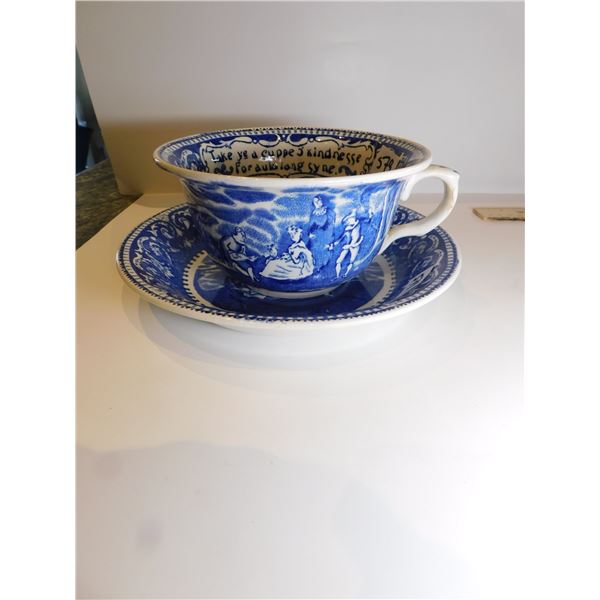 OLD HISTORICAL POTTERY STAFFORDSHIRE LARGE CUP AND UNDERPLATE