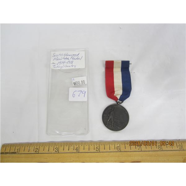 WW1 Very Rare Souris Glenwood Manitoba Medal 1914-1918
