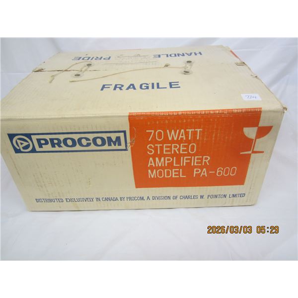 Rare Procom Stereo Amplifier Model PA-600 with Original Box Unit Powers Up