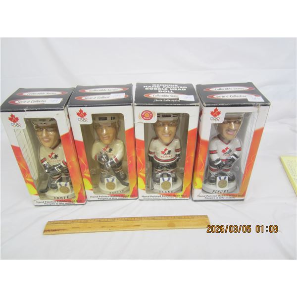 Lot of 4 Vintage Team Canada Hockey Bobble Heads in Box Foote ,Kariya, Blake and Fleury