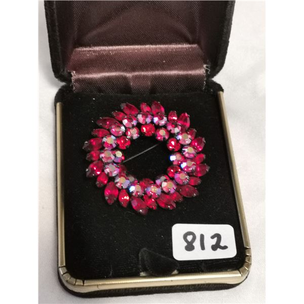 Black Japanned Sherman Brooch, Red Stones