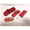 Image 1 : (3) Red Metal Vehicles, (1) Tin Toy Vehicle.  Great Condition