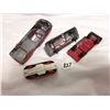 Image 5 : (3) Red Metal Vehicles, (1) Tin Toy Vehicle.  Great Condition