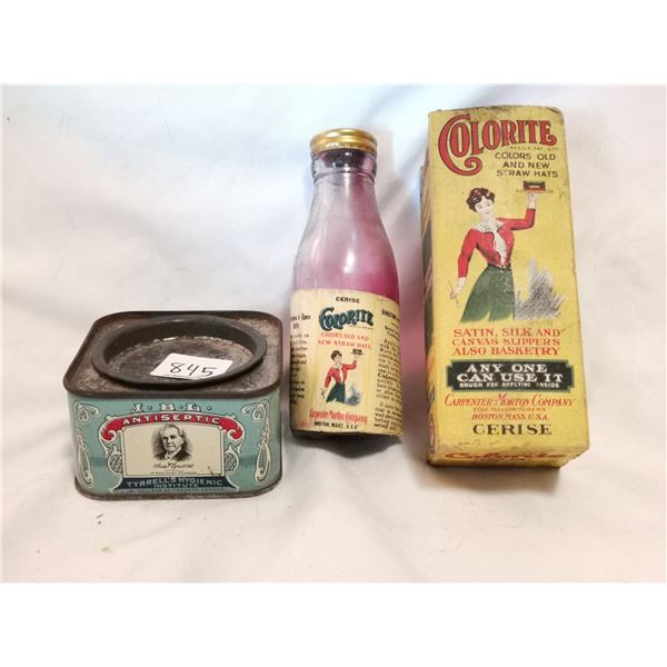 Antique Medical Tin & Cherry Colorite Bottle