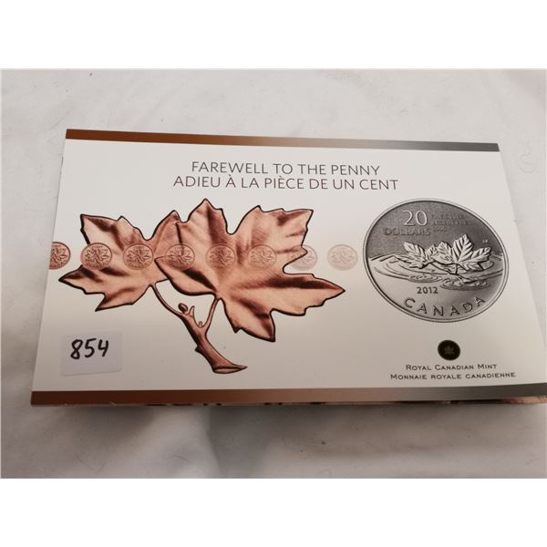 2012 Canada $20 “Farewell to the Penny” .999 Fine Silver Coin