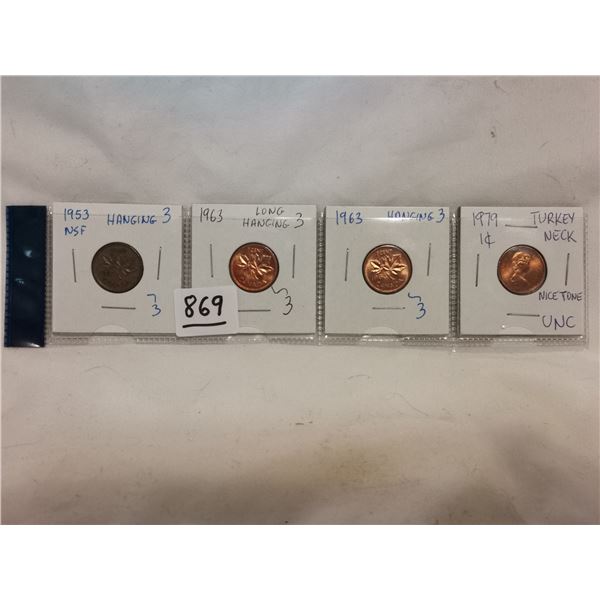 (4) Error Canadian One cent Coins.  Includes (3) Uncirculated.