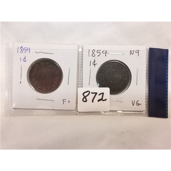 (2) 1859 Canadian Large One Cent Coins