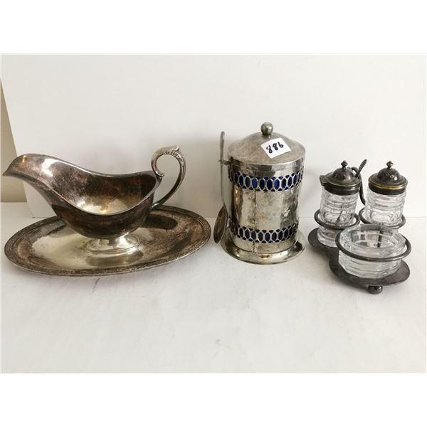 Silver Plated Coffee Holder, Gravy Boat, S&P Shaker Set