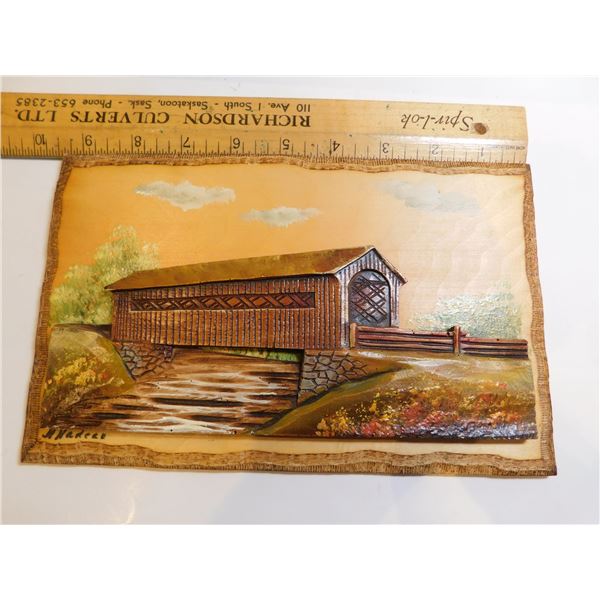 NADEAU SIGNED CARVED COVERED BRIDGE WALL HANGING