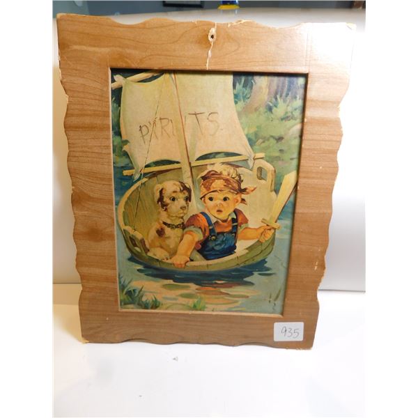 HAPPY VINTAGE CARDBOARD FRAMED PICTURE