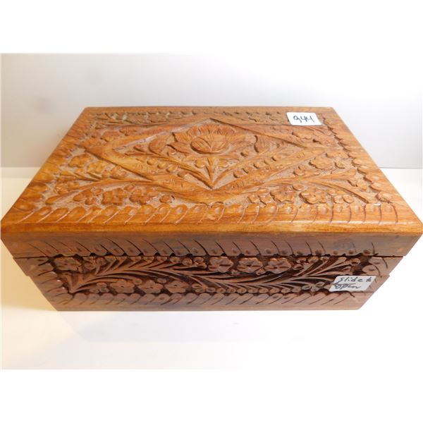 WOODEN PUZZLE BOX JEWELLRY BOX, SLIDE FRONT PANEL TO OPEN