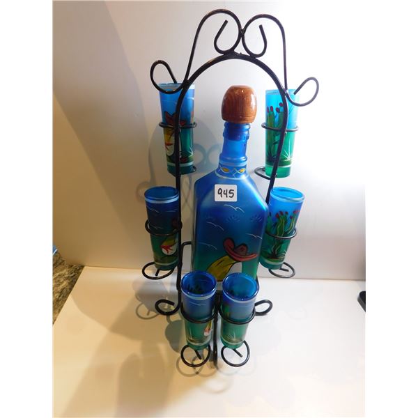 MEXICAN PAINTED DECANTER AND SIX SHOT CUPS WITH STAND